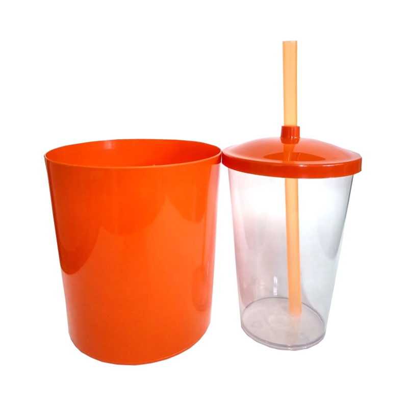 Foto Kit Pipoca - Balde de Pipoca e Copo com Tampa e Canudo Laranja  - 500 ml