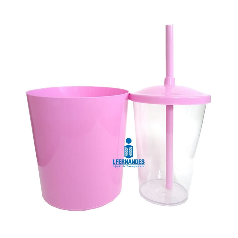 Foto Kit Pipoca - Balde de Pipoca e Copo com Tampa e Canudo Rosa - 500 ml