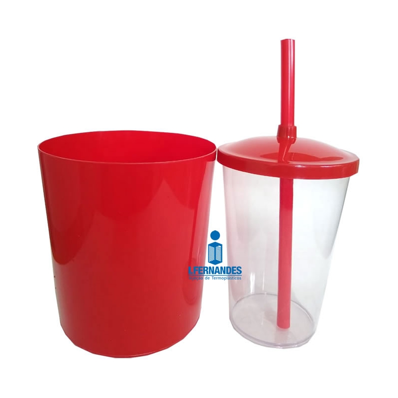 Foto Kit Pipoca - Balde de Pipoca e Copo com Tampa e Canudo Vermelho - 500 ml