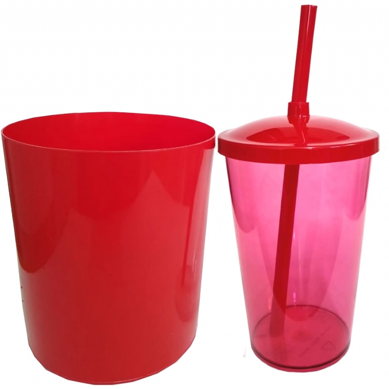 Foto Kit Pipoca - Balde de Pipoca e Copo com Tampa e Canudo Vermelho - 500 ml - Copo Vermelho