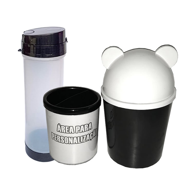 Foto Kit Escolar - Porta Lápis, Lixeira De Mesa e Garrafa Squeeze Preto