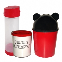 Foto Kit Escolar - Porta Lápis, Lixeira De Mesa e Garrafa Squeeze Vermelho