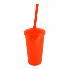 Foto Copo Eco com Tampa e Canudo - 300 ml  - Personalizável - Laranja Neon e Tampa Laranja Neon