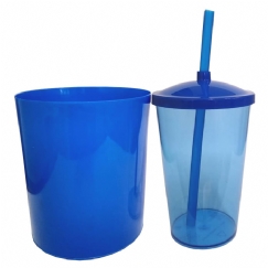 Foto Kit Pipoca - Balde de Pipoca e Copo com Tampa e Canudo Azul - 500 ml - Copo Azul