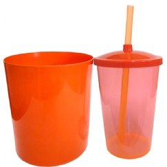 Foto Kit Pipoca - Balde de Pipoca e Copo com Tampa e Canudo Laranja - 500 ml - Copo Laranja